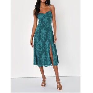 NEW Lulus Loveliest Looks Emerald Green Jacquard Tie-Strap Midi Dress
